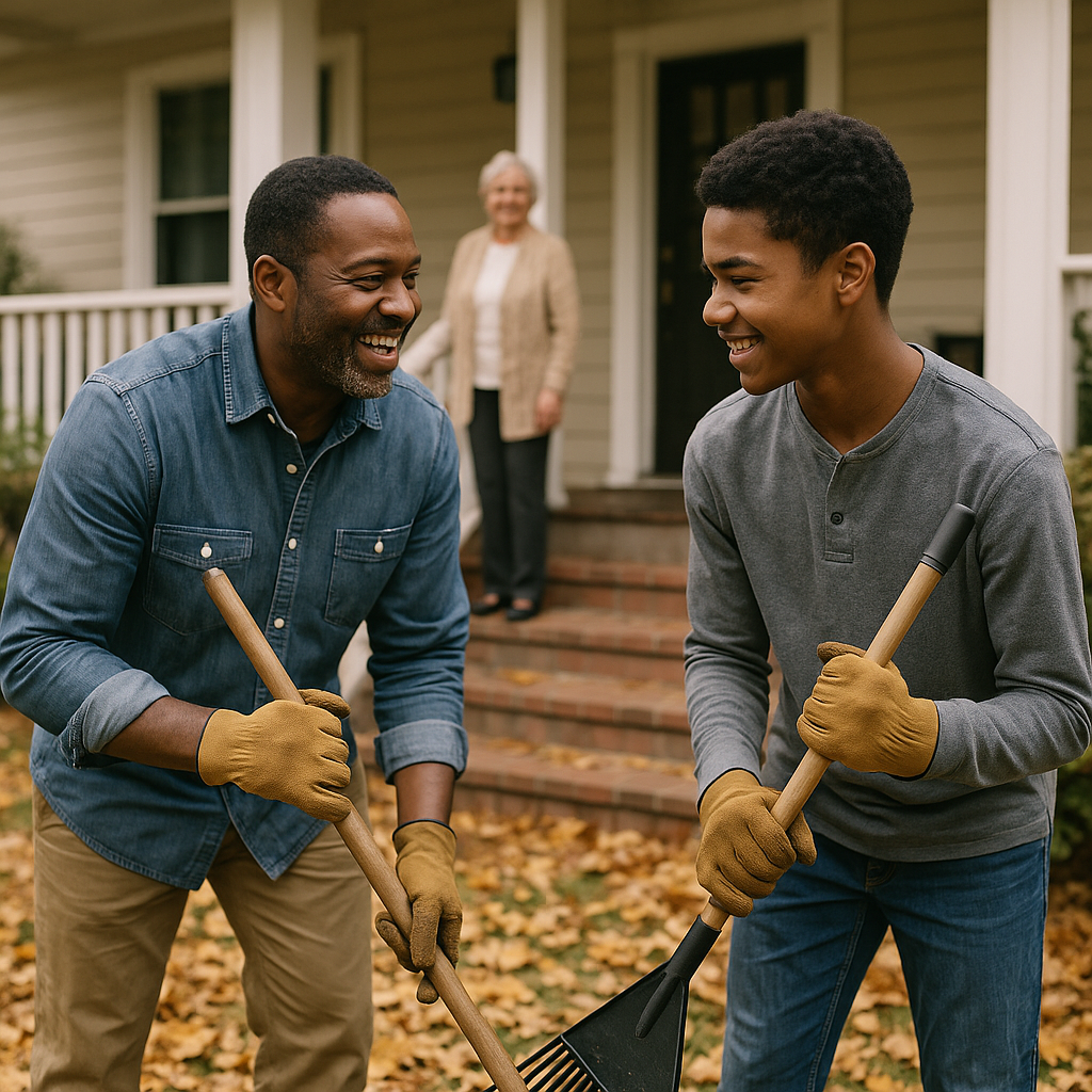 Father and son raking leaves for an elderly lady